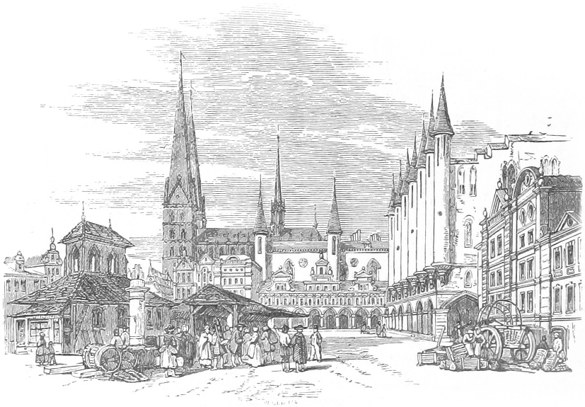 Illustration of cathedral and marketplace